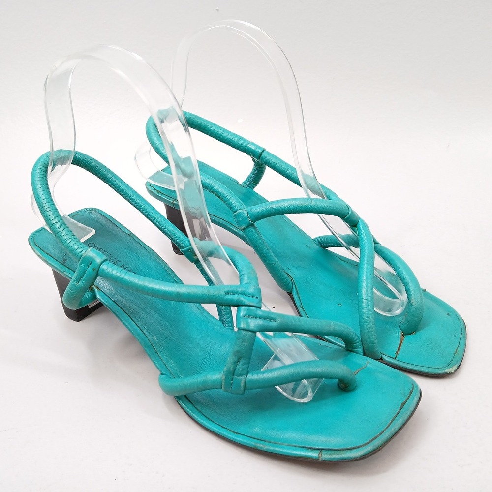 Costume National Sandals Women EU 37.5 Turquoise Strappy Square Toe Kitten Heel